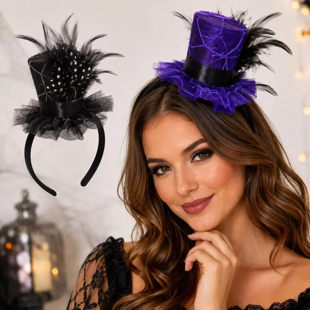 Halloween Mini Top Hat Black &  Purple Fascinator Headband  Feather Costume